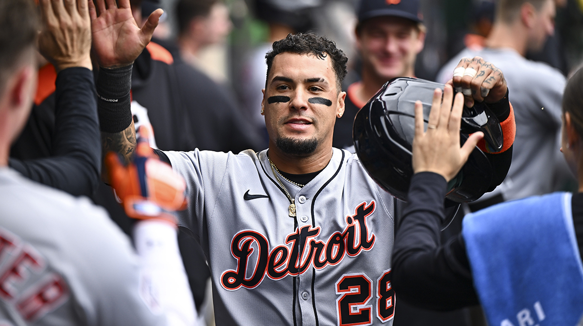 Detroit Tigers outfielder Javier Baez (28) celebrates with teammates after scoring against the Los Angeles Angels during the sixth inning at Angel Stadium.