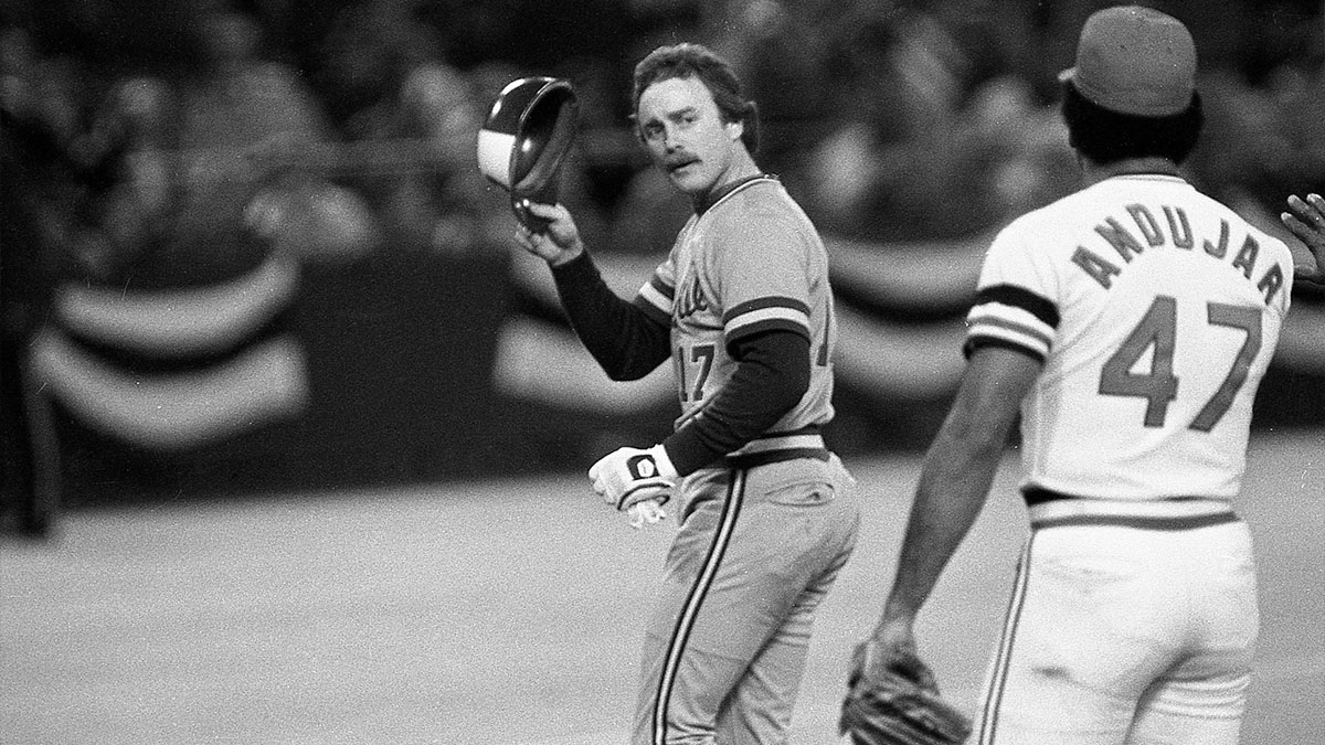 Jim Gantner said something to Joaquin Andujar after the Brewers batted in the seventh inning of the final game in the World Series. 35mm film negative of the Milwaukee Brewers in the 1982 World Series.