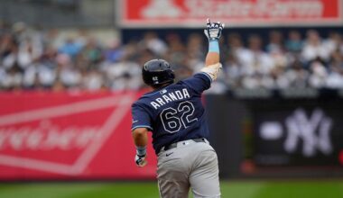 Tampa Bay Rays' Jonathan Aranda reacts after hitting a solo home run during the third inning of a baseball game against the New York Yankees, Sunday, May 4, 2025, in New York. (AP Photo/Seth Wenig)