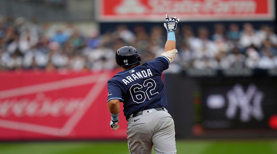 Tampa Bay Rays' Jonathan Aranda reacts after hitting a solo home run during the third inning of a baseball game against the New York Yankees, Sunday, May 4, 2025, in New York. (AP Photo/Seth Wenig)
