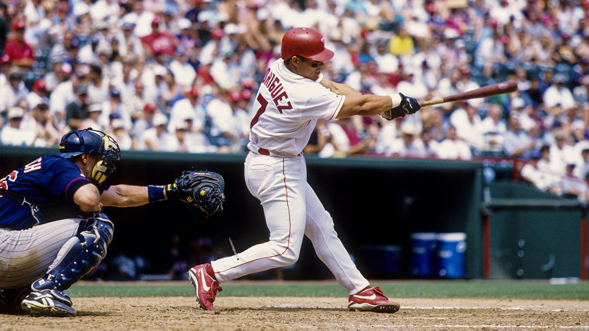 Texas Rangers right fielder Juan Gonzalez in action at the plate against the Boston Red Sox at Fenway Park during the 1998 season.