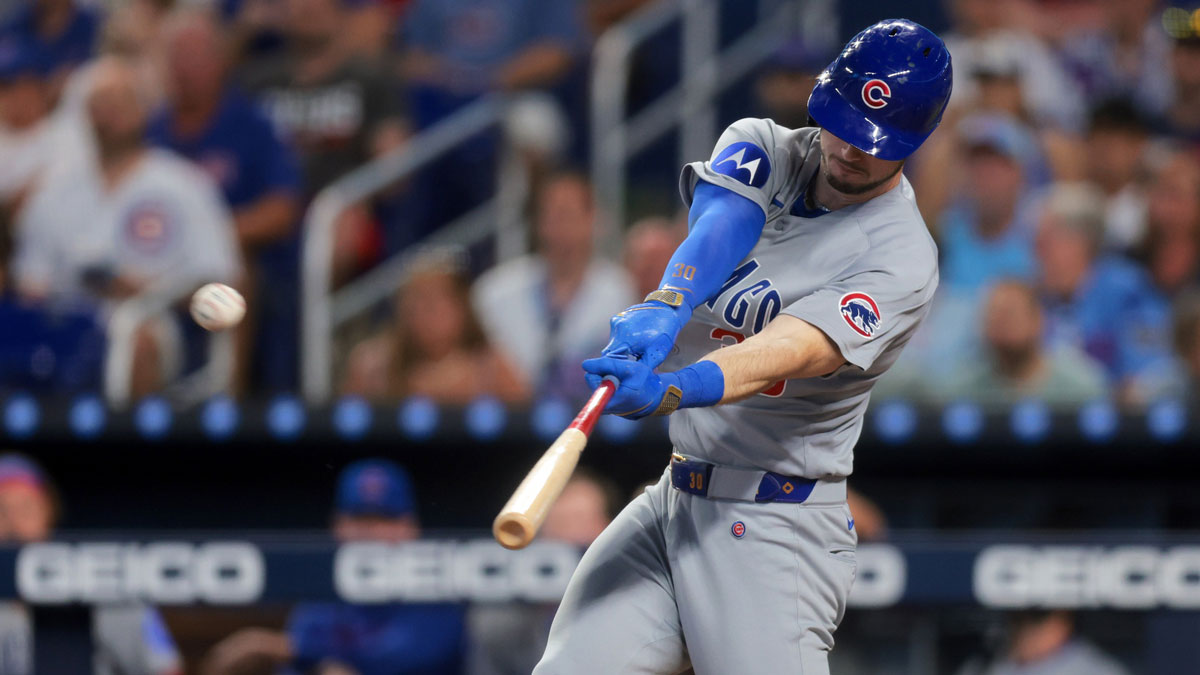 May 20, 2025; Miami, Florida, USA; Chicago Cubs right fielder Kyle Tucker (30) hits a solo home run against the Miami Marlins during the first inning at loanDepot Park. 