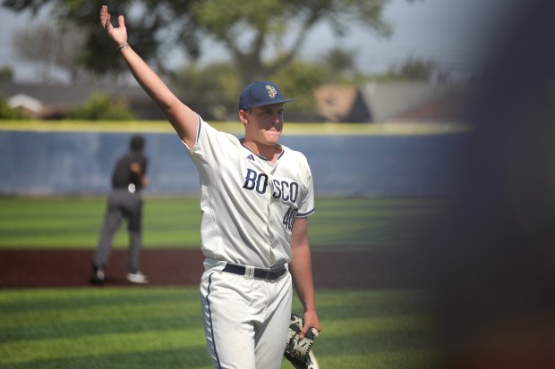 St. John Bosco reliever Brayden Krakowski reacts after getting the...