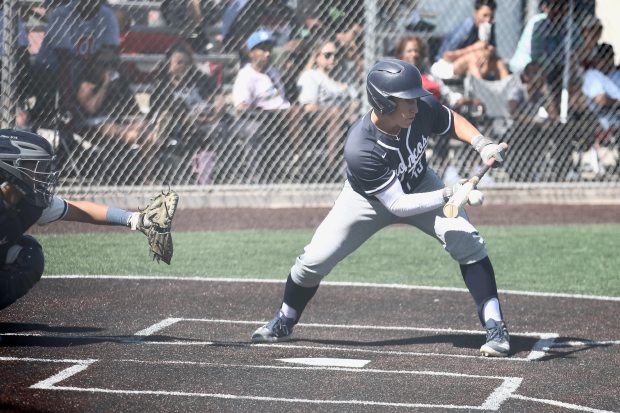 Vista Murrieta’s Mikey Hollis lays down a successfully sacrifice bunt...