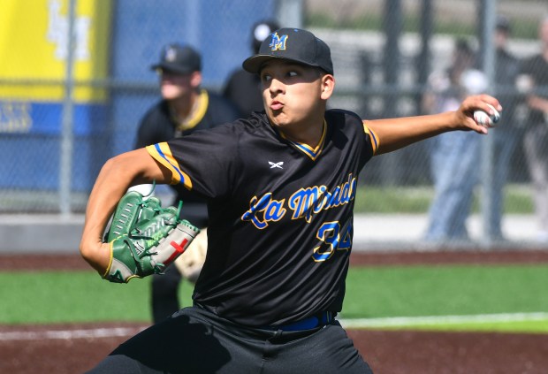 La Mirada pitcher Luke Armijo (34) makes a pitch against...