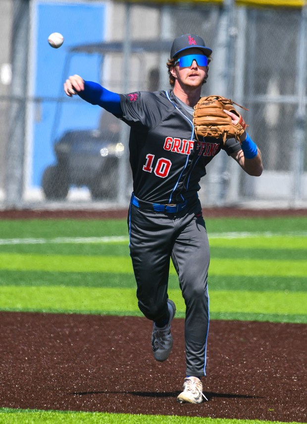 Los Alamitos third baseman Nate Walker (10) throws out the...