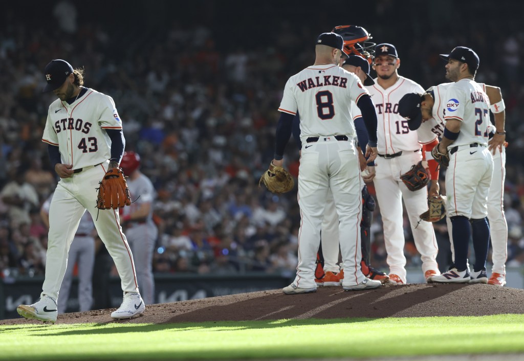 Lance McCullers walks off the mound after being taken out of the game in the first inning of the Astros' 13-9 loss to the Reds on May 10, 2025.