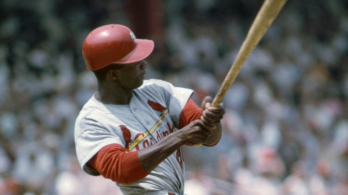  St. Louis Cardinals left fielder Lou Brock in action at Crosley Field during the 1967 season.