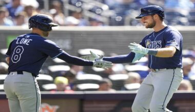 Tampa Bay designated hitter Josh Lowe celebrates his solo home run with teammate Brandon Lowe during the fifth inning on Thursday.