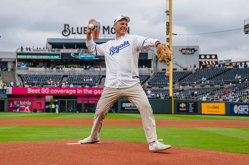 Elder Jeremiah Morgan, an Area Seventy, throws the first pitch at the Kansas City Royals Major League Baseball game as part of a JustServe night April 25, 2025, in Kansas City, Missouri.