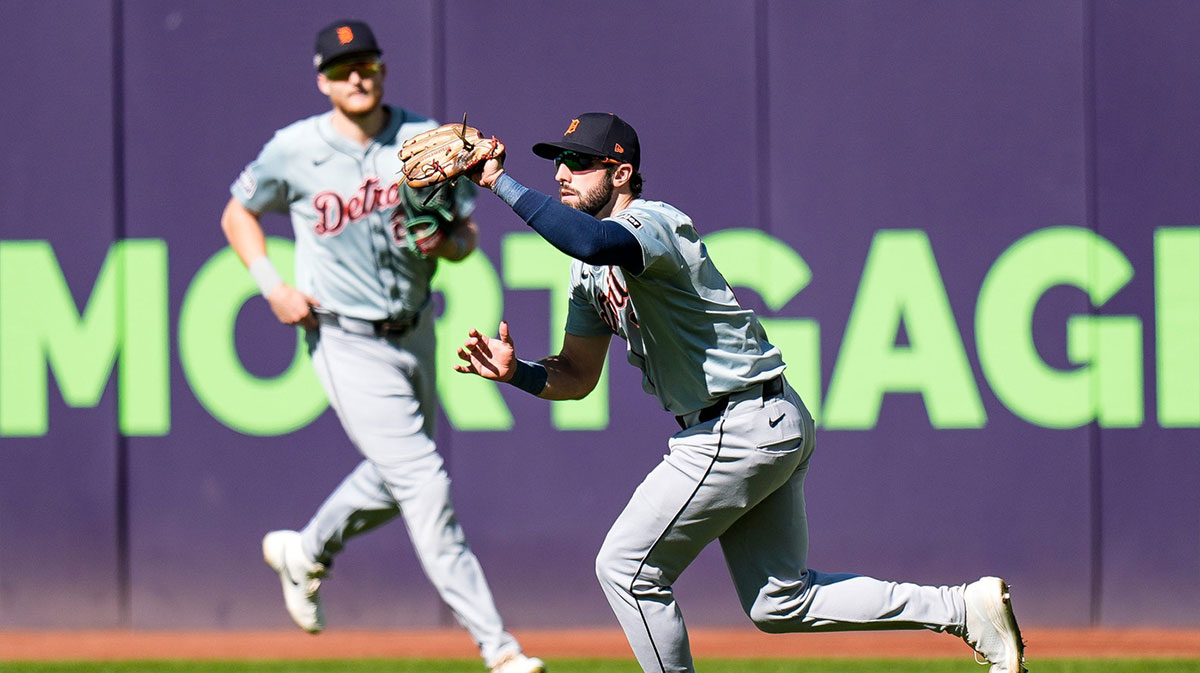 Detroit Tigers right fielder Matt Vierling (8) catches a fly ball against Cleveland Guardians during the fourth inning of Game 1 of ALDS at Progressive Field in Cleveland, Ohio on Saturday, Oct. 5, 2024. Junfu Han / USA TODAY NETWORK via Imagn Images