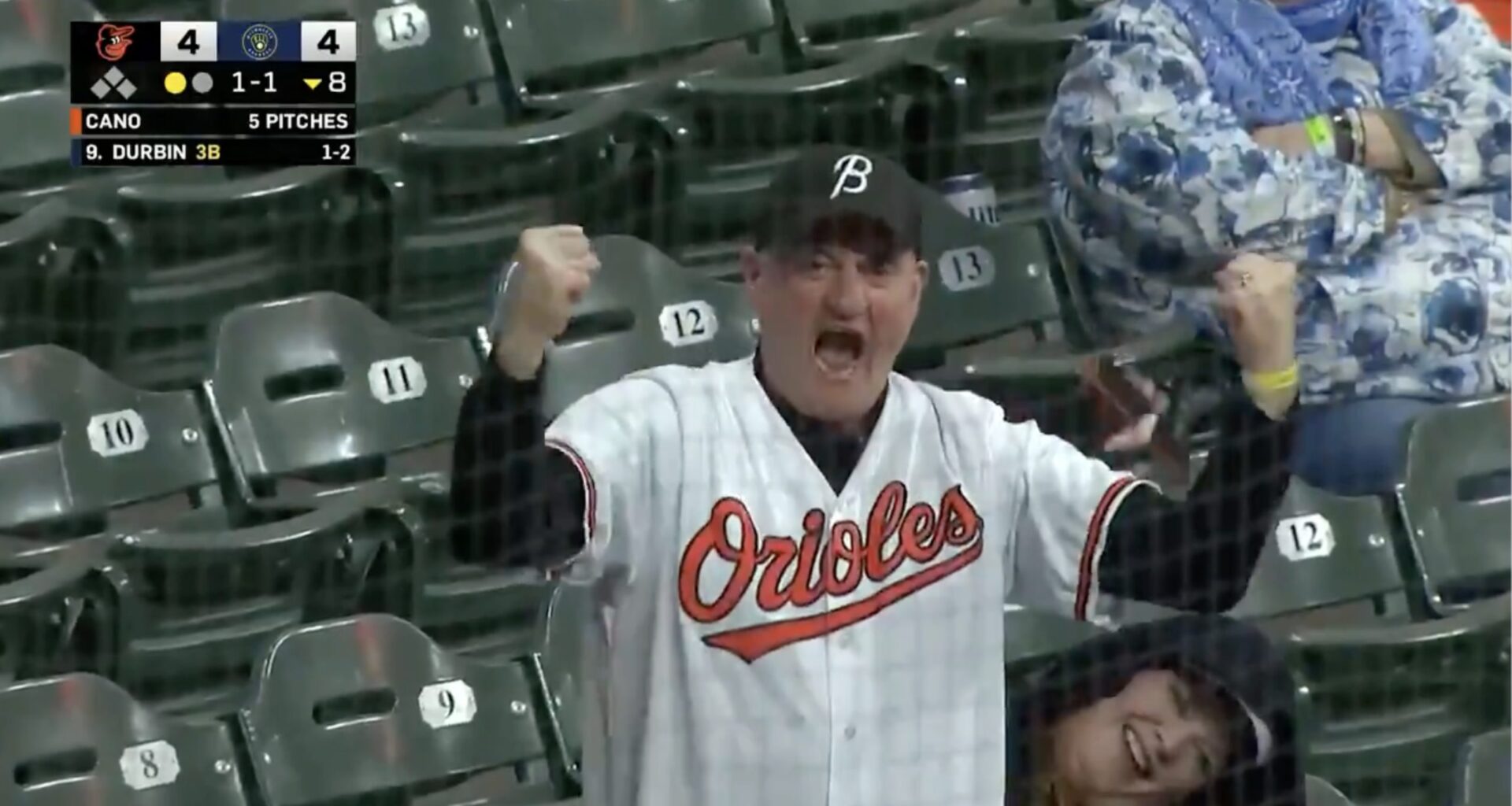 Orioles fan realizes he's on TV, comedy ensues