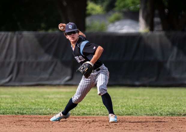 Pleasant Valley infielder Braedon Tatreau winds up to throw to...
