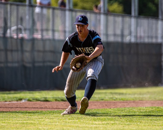 Pleasant Valley third baseman Giuseppe Bianchi fields the ball for...