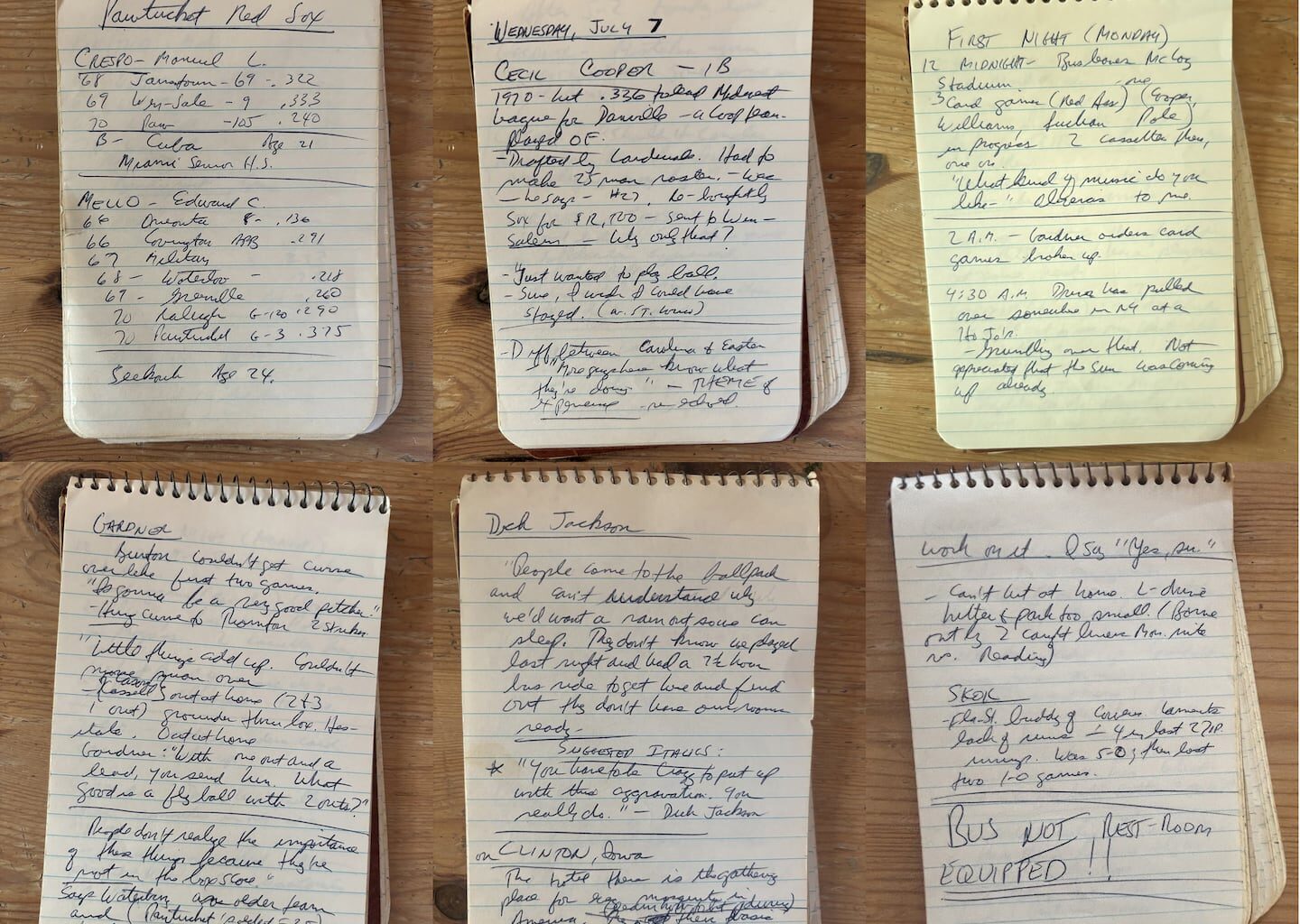 Pages from the notebooks kept by the Globe's Bob Ryan during a road trip to cover the Pawtucket Red Sox in 1971, when the team was in the Double A Eastern League.