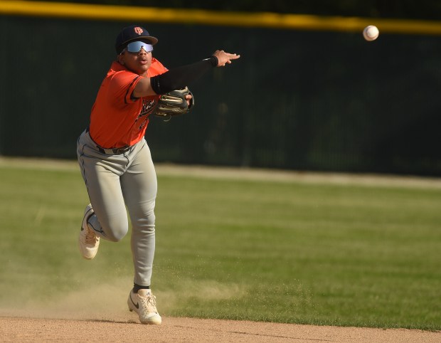 Oak Park-River Forest shortstop Ethan Moore throws the ball to first base 