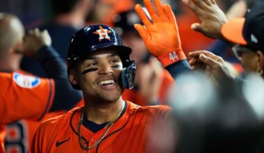 Houston Astros' Cam Smith celebrates the dugout after hitting a home run during the second inning of a baseball game against the San Diego Padres in Houston, Friday, April 18, 2025. Yainer Diaz and Jake Meyers also scored.(AP Photo/Ashley Landis)