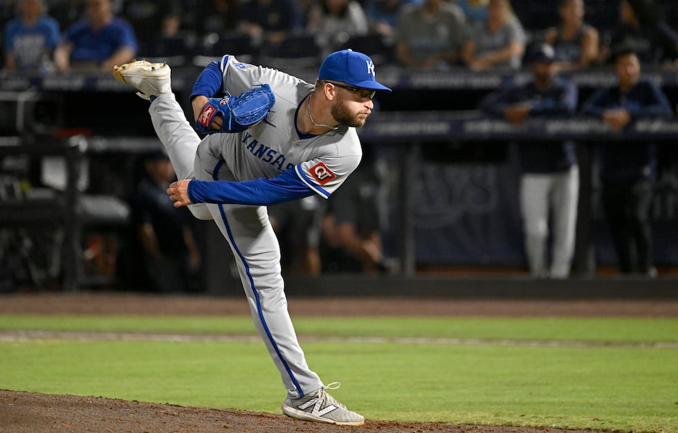 Kansas City Royals pitcher Noah Cameron throws during the sixth inning of a baseball game...