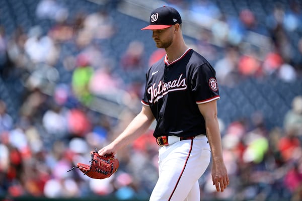 Nationals pitcher Michael Soroka walks back to the dugout during his May 7 start against Cleveland.