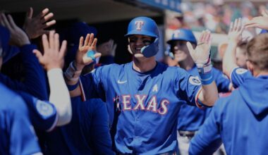 Texas Rangers' Josh Jung celebrates his two-run home run against the Detroit Tigers in the fifth inning during a baseball game, Sunday, May 11, 2025, in Detroit. (AP Photo/Paul Sancya)