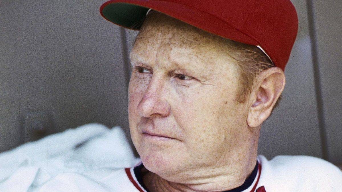 St. Louis Cardinals manager Red Schoendienst a/k/a Fred Schoendienst in the dugout at Busch Stadium during the 1971 season.
