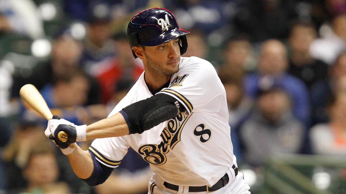 Milwaukee Brewers Ryan Braun carefully watches his pitches getting two walks, this one in the 4th inning during the MLB baseball game between the Milwaukee Brewers and San Francisco Giants at Miller Park in Milwaukee, Wisconsin