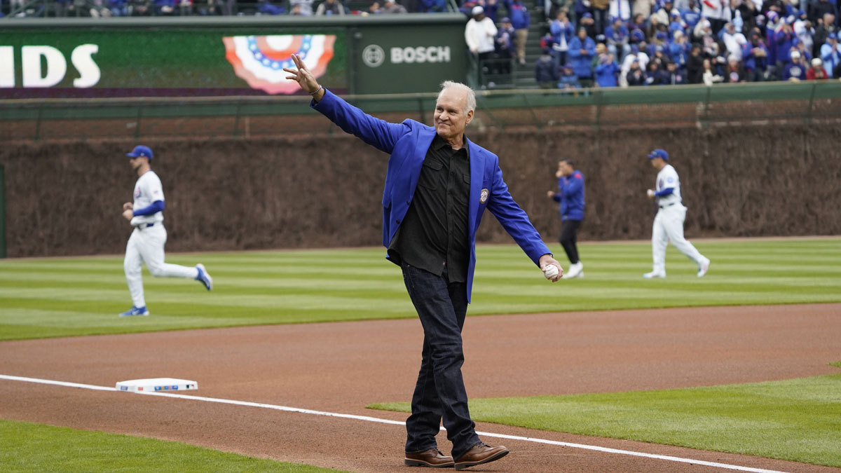 Hall of Famer Ryne Sandberg throws out a ceremonial first pitch before the game between the Chicago Cubs and the San Diego Padres at Wrigley Field. 
