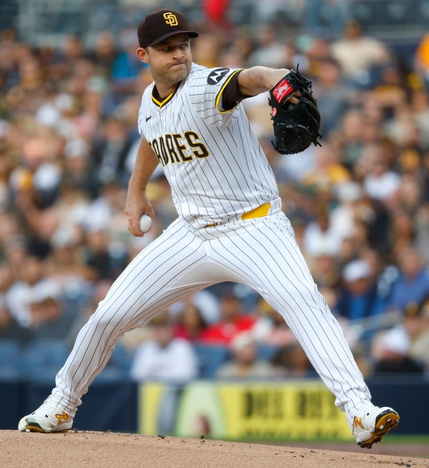 San Diego Padres Michael King throws against the Los Angeles Angels at Petco Park on Monday, May 12, 2025. (K.C. Alfred / The San Diego Union-Tribune)