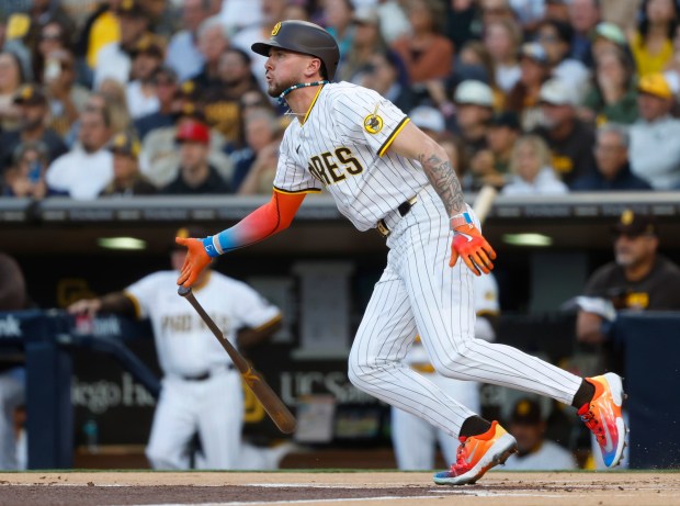 San Diego Padres' Jackson Merrill hits a double in the first inning at Petco Park on Monday, May 12, 2025. (K.C. Alfred / The San Diego Union-Tribune)