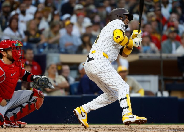 San Diego Padres' Luis Arraez singles in the third inning against the Los Angels Angels at Petco Park on Monday, May 12, 2025. (K.C. Alfred / The San Diego Union-Tribune)
