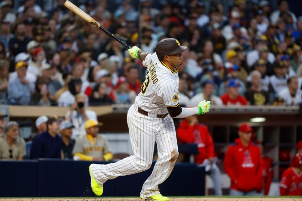 San Diego Padres' Manny Machado singles in the third inning at Petco Park on Monday, May 12, 2025. (K.C. Alfred / The San Diego Union-Tribune)