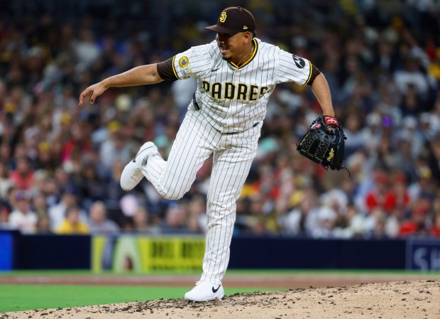 San Diego Padres' Jeremiah Estrada throws against the Los Angeles Angels at Petco Park on Monday, May 12, 2025. (K.C. Alfred / The San Diego Union-Tribune)