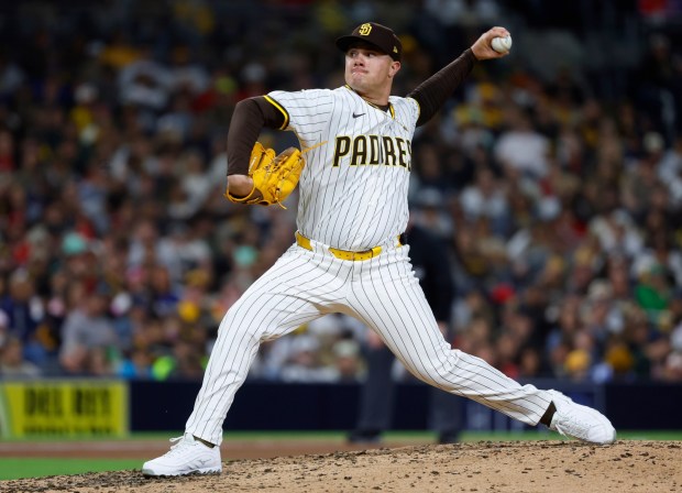 San Diego Padres' Adrian Morejon throws against the Los Angeles Angels at Petco Park on Monday, May 12, 2025. (K.C. Alfred / The San Diego Union-Tribune)