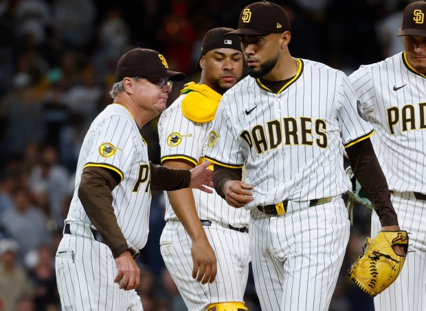 San Diego Padres' Robert Suarez is pulled from the game by manager Mike Shildt in the ninth inning against the Los Angeles Angels at Petco Park on Monday, May 12, 2025. (K.C. Alfred / The San Diego Union-Tribune)