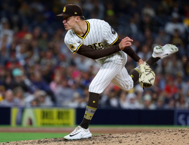 San Diego Padres' Alek Jacob gave up a grand slam in the ninth inning to Los Angeles Angels' Taylor Ward at Petco Park on Monday, May 12, 2025. (K.C. Alfred / The San Diego Union-Tribune)