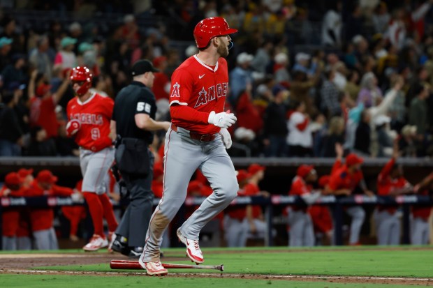 Los Angeles Angels' Taylor Ward watches his grand slam off of San Diego Padres' Alek Jacob in the ninth inning at Petco Park on Monday, May 12, 2025. (K.C. Alfred / The San Diego Union-Tribune)