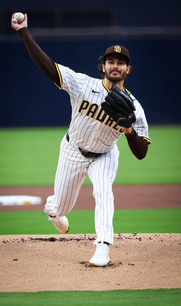 San Diego Padres starting pitcher Dylan Cease pitches against the Los Angeles Angels during the first inning at Petco Park on Tuesday, May 13, 2025 in San Diego, CA. (Meg McLaughlin / The San Diego Union-Tribune)
