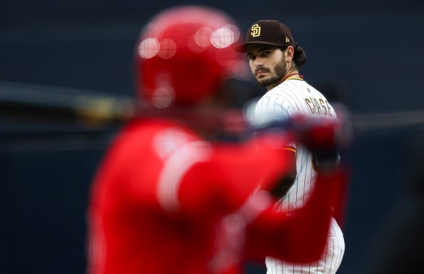 San Diego Padres starting pitcher Dylan Cease pitches against Los Angeles Angels designated hitter Jorge Soler during the first inning at Petco Park on Tuesday, May 13, 2025 in San Diego, CA. (Meg McLaughlin / The San Diego Union-Tribune)