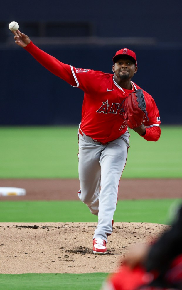 Los Angeles Angels starting pitcher Jose Soriano pitches against the San Diego Padres during the first inning at Petco Park on Tuesday, May 13, 2025 in San Diego, CA. (Meg McLaughlin / The San Diego Union-Tribune)