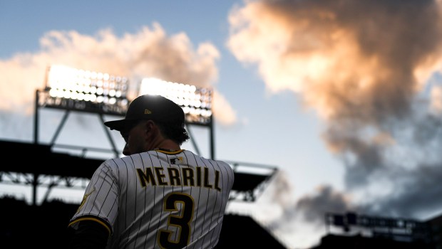 San Diego Padres center fielder Jackson Merrill walks to the outfield during the third inning against the Los Angeles Angels at Petco Park on Tuesday, May 13, 2025 in San Diego, CA. (Meg McLaughlin / The San Diego Union-Tribune)
