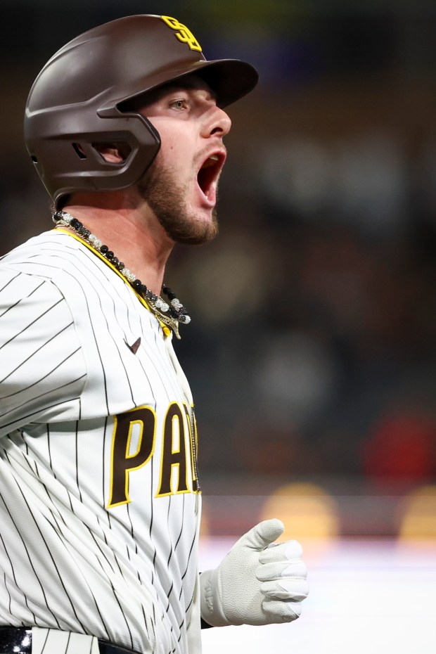 San Diego Padres center fielder Jackson Merrill reacts after flying out during the sixth inning against the Los Angeles Angels at Petco Park on Tuesday, May 13, 2025 in San Diego, CA. (Meg McLaughlin / The San Diego Union-Tribune)