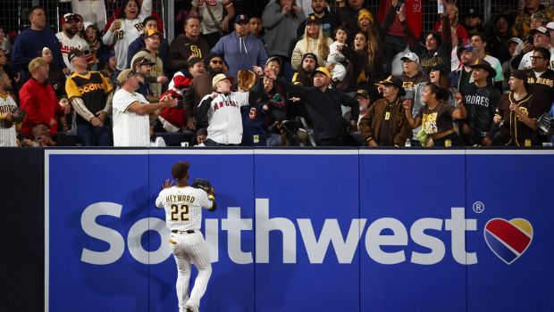 San Diego Padres left fielder Jason Heyward watches as a ball hit by the Angels' Matthew Lugo's soars into the stands for a two-run home run during the seventh inning at Petco Park on Tuesday, May 13, 2025 in San Diego, CA. (Meg McLaughlin / The San Diego Union-Tribune)