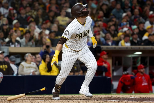 San Diego Padres designated hitter Gavin Sheets watches his single against the Los Angeles Angels during the eighth inning at Petco Park on Tuesday, May 13, 2025 in San Diego, CA. (Meg McLaughlin / The San Diego Union-Tribune)