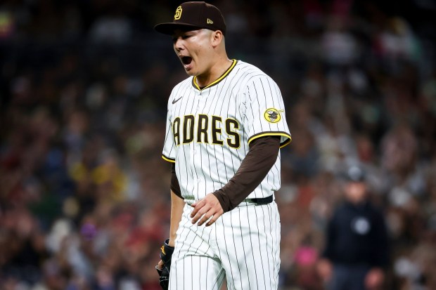 San Diego Padres relief pitcher Yuki Matsui reacts during the eighth inning against the Los Angeles Angels at Petco Park on Tuesday, May 13, 2025 in San Diego, CA. (Meg McLaughlin / The San Diego Union-Tribune)