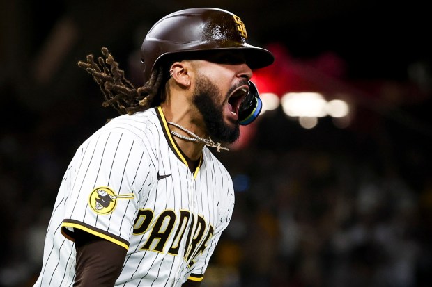 San Diego Padres right fielder Fernando Tatis Jr. celebrates after hitting the game-winning home run against the Los Angeles Angels during the ninth inning at Petco Park on Tuesday, May 13, 2025 in San Diego, CA. (Meg McLaughlin / The San Diego Union-Tribune)