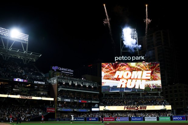 San Diego Padres right fielder Fernando Tatis Jr. rounds the bases after hitting the game-winning home run against the Los Angeles Angels during the ninth inning at Petco Park on Tuesday, May 13, 2025 in San Diego, CA. (Meg McLaughlin / The San Diego Union-Tribune)