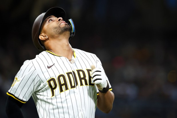 San Diego Padres shortstop Xander Bogaerts reacts after lining out against the Seattle Mariners during the fourth inning at Petco Park on Friday, May 16, 2025 in San Diego, CA. (Meg McLaughlin / The San Diego Union-Tribune)