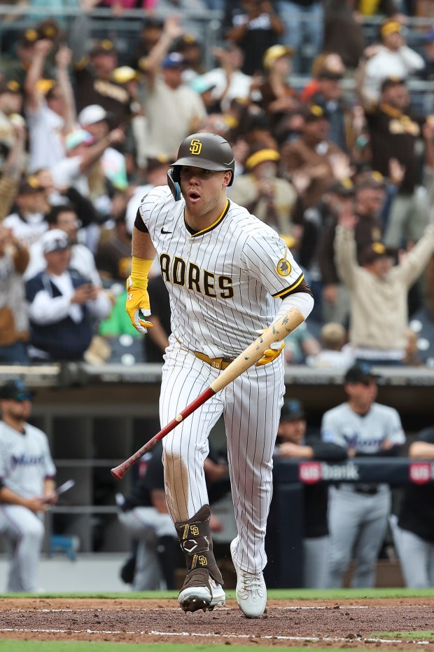 San Diego Padres' Gavin Sheets celebrates after a home run against the Miami Marlins during the seventh inning at Petco Park on Wednesday, May 28, 2025 in San Diego, CA. (Meg McLaughlin / The San Diego Union-Tribune)
