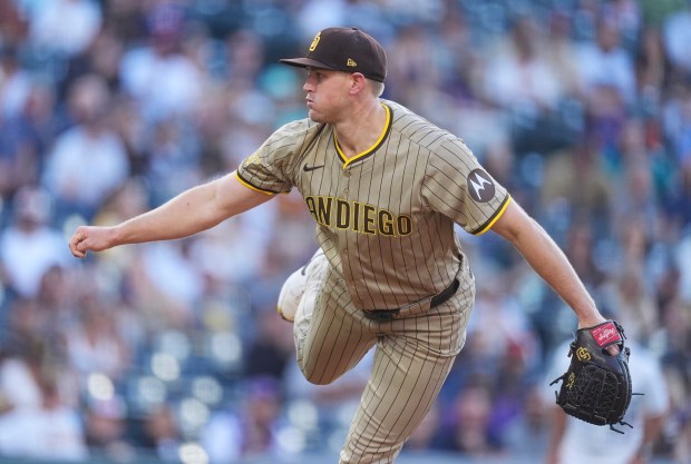 San Diego Padres starting pitcher Stephen Kolek works against the Colorado Rockies in the first inning of a baseball game Saturday, May 10, 2025, in Denver. (AP Photo/David Zalubowski)