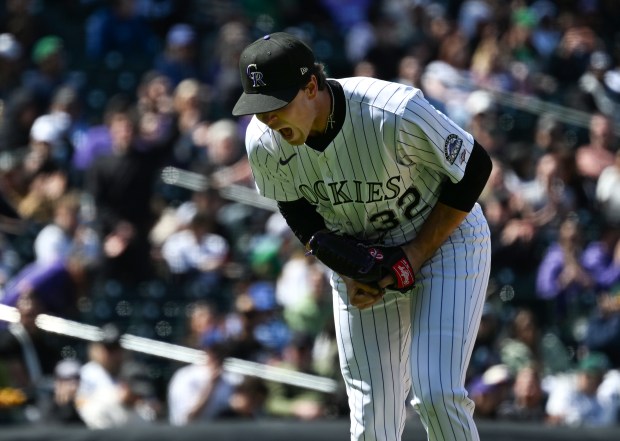 Colorado Rockies pitcher Chase Dollander (32) reacts as he comes off the mound after pitching in the fourth inning as the Rockies took on the Athletics at Coors Field in Denver on April 6, 2025. (Photo by Helen H. Richardson/The Denver Post)